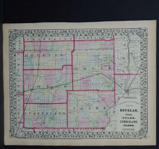 Illinois Antique Map,  1869 Counties Of Douglas,  Edgar,  Coles,  & Cumberland M9 73