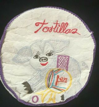Vintage Tortilla Warmer Cloth Bag Donkey ? Embroidered 8.  5 " Round