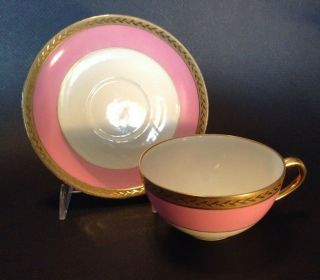 Royal Bayreuth Teacup & Saucer - Pink With Embossed Gold Rims - Bavaria Germany