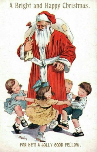 Happy Children Dancing Around Santa Claus Antique Christmas Postcard - - B134