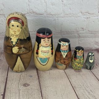 5 Vintage Wood Hand Painted Russian Matryoshka Nesting Dolls Native Americans