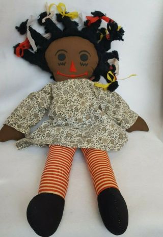 Vintage Raggedy Ann Style Cloth Doll 19” Black African American Homemade Dress