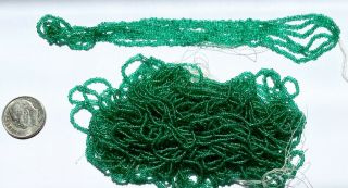 Rare Antique Micro Seed Beads - 17/0 Cool Transparent Medium Green - Hanks And Bags