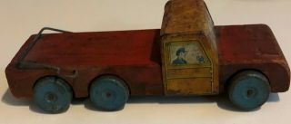 Antique Vintage Old Wooden Toy Truck Red W Wooden Wheels & Driver