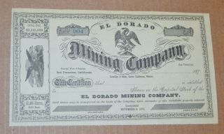 El Dorado Mining Company 1870s Antique Stock Certificate
