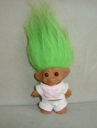 1960s Vintage 3 " Uneeda Wishnik Troll Doll W Green Hair In Pink Baby Outfit