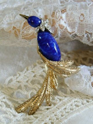 Panetta Rare Bird Brooch Pendant,  Cobalt Blue Glass,  Rhinestones
