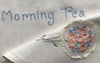 Vintage Morning Tea Embroidered Linen Tray Runner Vintage Art Deco Pink Ecru
