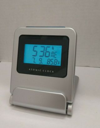 Vintage Atomic Travel Mini Alarm Clock Blue Led Backlit Temperature Calendar