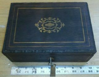 Vintage Antique Wooden Vanity Storage Box Inlay Top & Front With Lock And Key