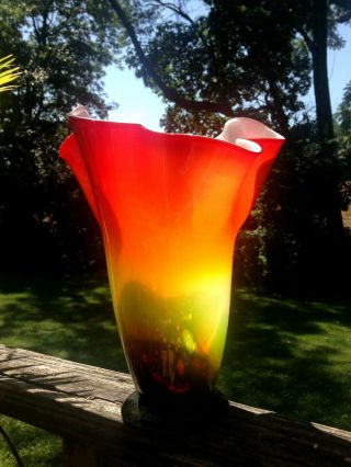 Murano Style Hand Blown Glass Fluted Studio Art Glass 11 3/4 " Fall Flower Vase