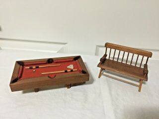 Vintage Dollhouse Furniture Wood Pool Table And Bench