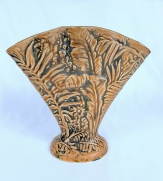 Antique Weller Art Pottery Brown Marvo Fan Vase 8 "