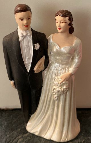 Vintage Antique Chalk Plaster Wedding Cake Topper Bride And Groom 4”.