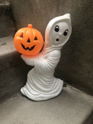 Rare Vintage 13 Inch Plastic Blow Mold Ghost Holding Pumpkin Halloween W/light