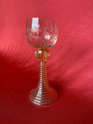 Antique Iridescent Peach Colored Stem Fused Etched Glass Wine Glass