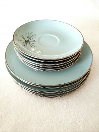 Rare Vintage 1950s Midcentury Modern Franciscan Silver Pine Aqua Plates Saucers