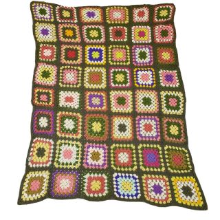Vtg Crocheted Granny Square Afghan Throw 54 " X 32 " Handmade Blanket Blue Yellow