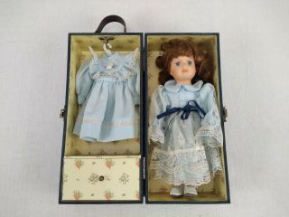 12 " Vintage Porcelain Doll In Green Wooden Carrying Case With Extra Outfit