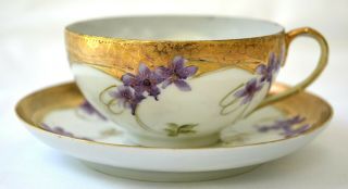 Imperial Nippon China Tea Cup Saucer White With Purple Flowers And Gold Japan