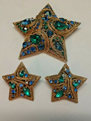 Stunning Antique Gold Tone With Blue & Green Rhinestones Broach & Clip Earrings