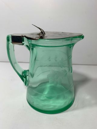 Rare Antique Green Depression Vaseline Etched Glass Syrup Pitcher W Metal Lid