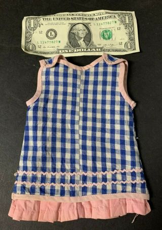 Vintage Medium Size Doll Dress 2 Piece Blue/white Checkers & Pink Snaps 8 "