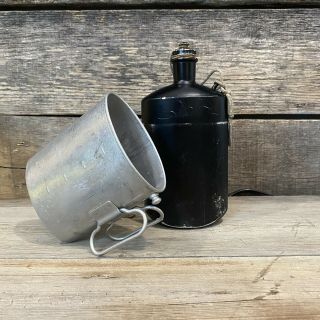 Rare Vintage Sigg Army Canteen 78 Black,  W/ Cup Je 83.  Rope & Stopper Swiss