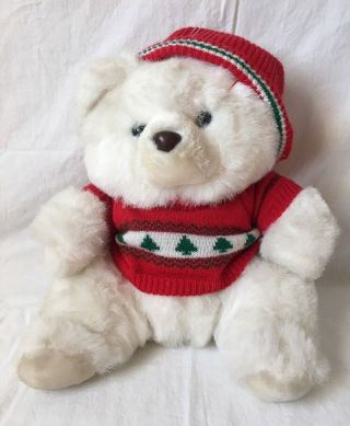 Vintage White Plush Teddy Bear In Christmas Sweater And Hat 12”