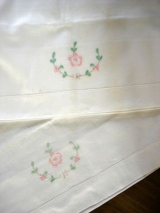 Vintage Pair White Linen Hand Embroidered Pink Flowers Pillowcases