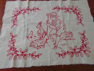 Antique Hand Embroidery Red Work Boy With Goat Ready To Frame Pillow Lovely