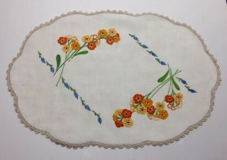 Vintage Hand Embroidered Crocheted Linen Floral Table Centre Piece - 47cm X 32cm