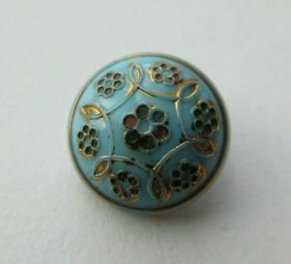 Gorgeous Antique Vtg Turquoise Glass Button W/ Enameled Flowers 1/2 " (o)