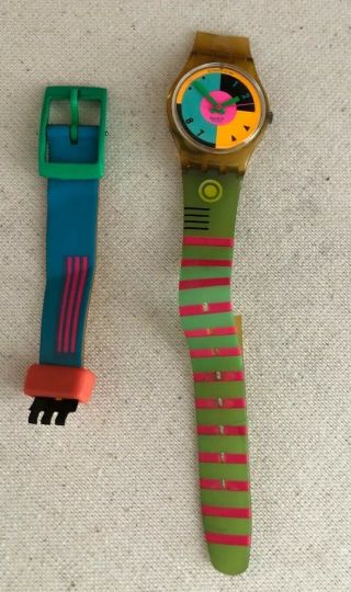 Vintage Swiss Swatch Watch - Small Face.  Broken Band.  1980s Hot Pink Green