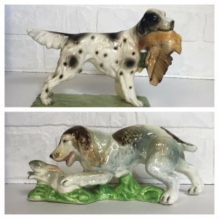 2 Antique Vtg Hunting Spaniel Dog With Duck Figurine Made In Japan 8.  5 " W X 6 " T