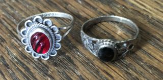 Two Vintage 925 Sterling Silver Rings Black Onyx And A Red Stone Sz5.  5 And 7