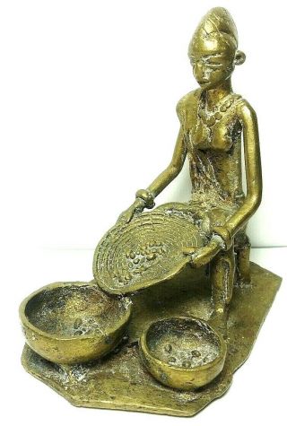 Rare African Antique Cast Bronze Akan Ashanti Gold Weight Woman Cooking