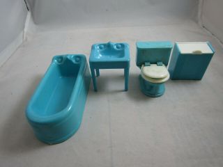 4 X Vintage Plasco Toy Plastic Dollhouse Furniture Blue Bathroom Set 1.  75”tall