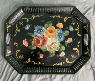 Large Vintage Tole Toleware Tray Black Floral Art Gift Products Hand Painted