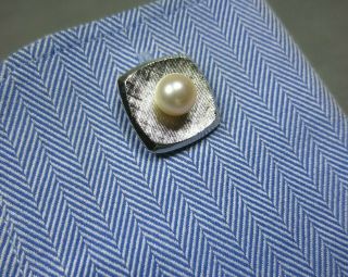 Vintage Brushed Finish Pearl White Gold Plated Cuff Links (silver Tone)