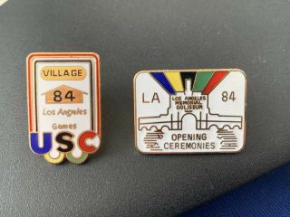 2x Rare Olympic Pin Badges La 1984 Los Angeles Opening Ceremony Athletes Village