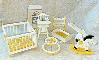 Vintage Miniature White & Yellow Wooden Doll House Furniture For Baby Nursery