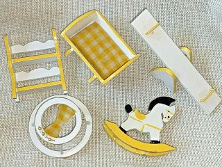 Vintage Miniature White & Yellow Wooden Doll House Furniture for Baby Nursery 2