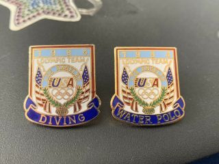 2x Rare Olympics Pin Badges La 1984 Los Angeles Diving Water Polo Sports Usa