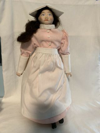 Vintage Antique Painted Features Wwii Nurse Doll,  Cloth And China Porcelain 16”