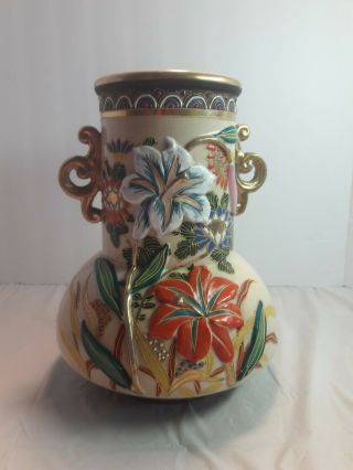 Antique 9 1/2 " Hand Painted Double Handled Gold Detailed Floral Vase