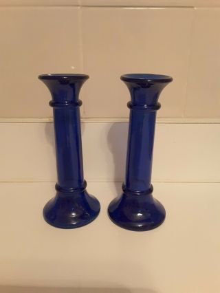 Vintage Pair Spanish Cathedral Cobalt Blue Candle Holders - 7”