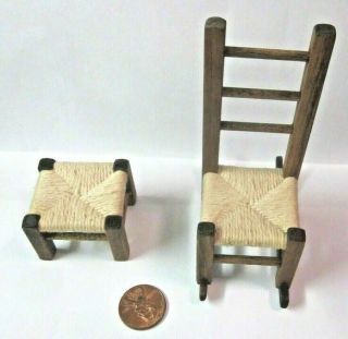 Dollhouse 1:12 Wood Rocking Chair Woven Seat W/ Footrest Furniture Vintage Set 2