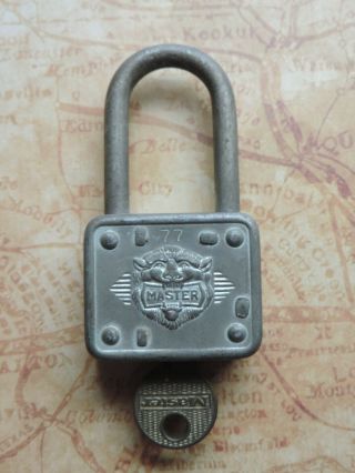 Antique Vintage Master Lock Co.  77 Lion Head With Key Padlock