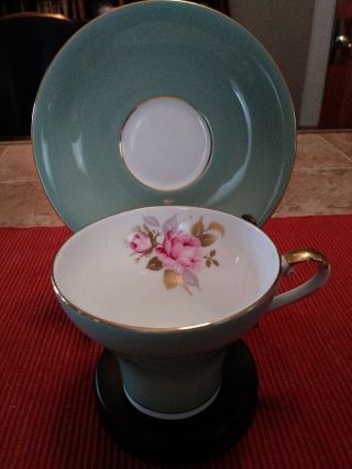 Vintage England Aynsley Cabinet Corset Tea Cup & Saucer Sage Green Gold Elegant
